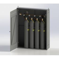 Cylinder discharge and filling manifold for industrial gases, cabinet-type